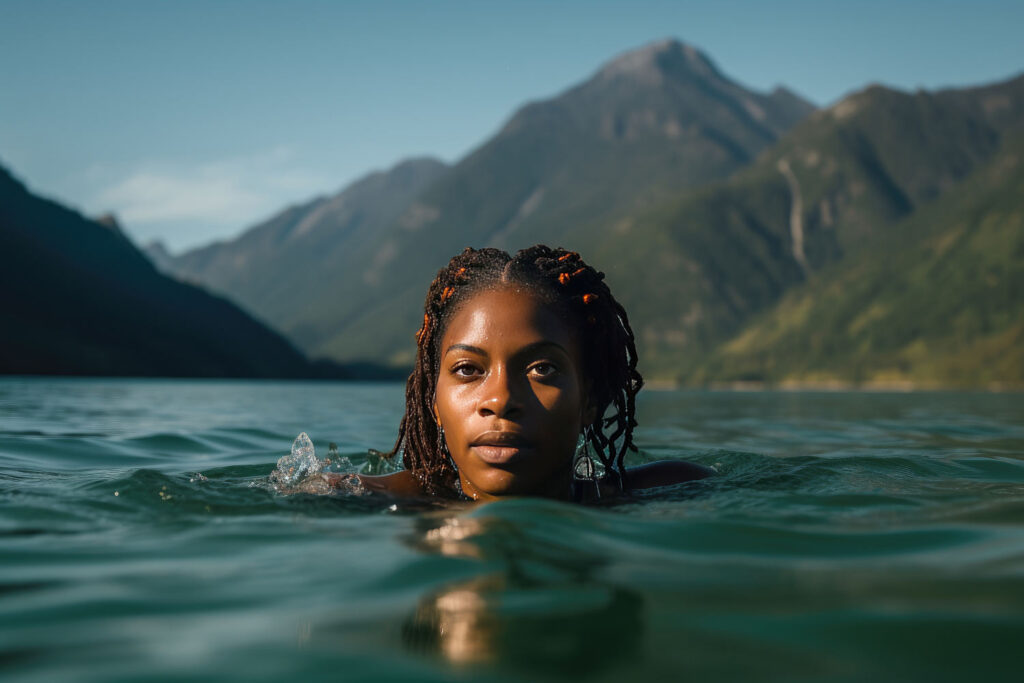Junge Frau schwimmt in einem See